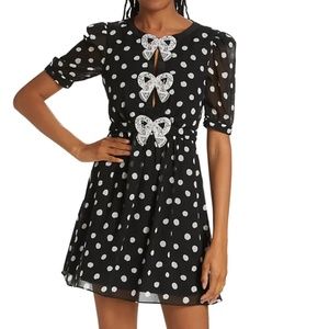 NWT Rare SALONI Jamie Silk Bow MiniDress Sz 2 in Black White - Mono Dot Pearl